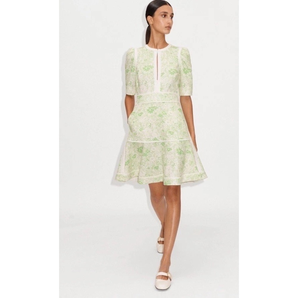 NWT ME+EM Gardenia Cotton Jacquard Fit & Flare Dress Size 0 Green Cream Floral